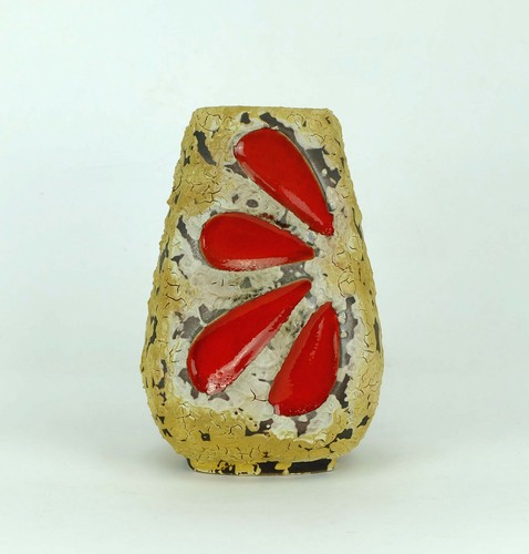 mid century fat lava VASE es-keramik WGP braun beige Glasur rot Blattmuster
