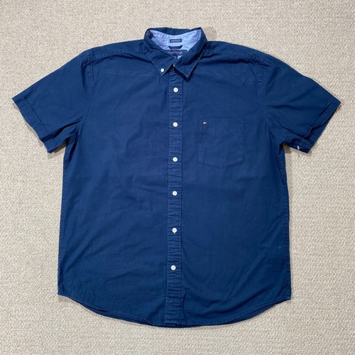 Tommy Hilfiger Hemd Herren Large Navy Blau Kurzarm Knopfleiste Twill USA