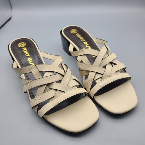 Tory Burch Sandals Basket Weave block heel Cream Slides Women Sz 8 New Box - Picture 3 of 10