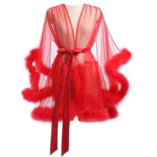 Furry Trim Sheer Mesh Chemise Lingerie Robe with Satins Belt for Women Nightgown - Picture 7 of 12