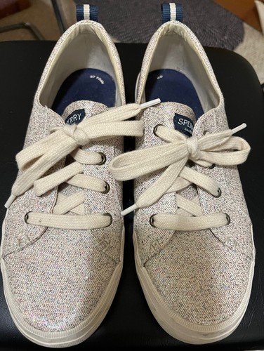 Sperry Top-Sider Damen 8M grau Canvas Sneaker mit Regenbogen Glitzer-marine Streifen - Bild 1 von 6