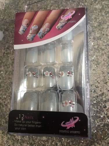 Kit Fake Nails NAIL ART 12 Capsules + Glue French 3D Strass Glitter Wedding