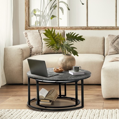 Oikiture Set of 2 Coffee Table Round Marble-like Nesting Side Tables Grey White - Picture 3 of 10