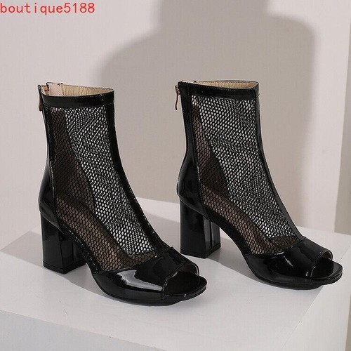 Fashion Women's Peep Toe Block Heels Mesh Sandals Back Zip Dress OL Ankle Boots - Picture 11 of 18