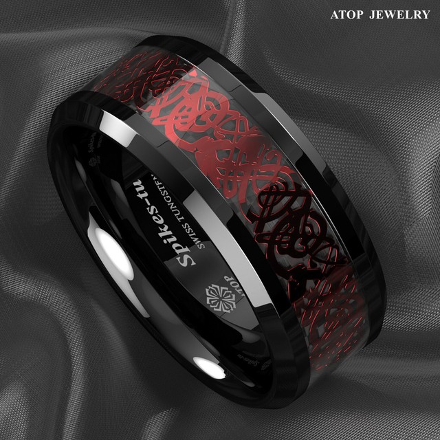 ATOP 8/6mm Men Black Red Tungsten Ring Wedding Band Celtic Dragon Carbon fiber ATOP 8/6mm Men Black Red Tungsten Ring Wedding Band Celtic Dragon Carbon fiber