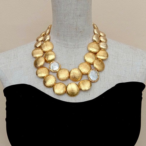 18" 2 Rows Gold Plated Brushed Coin Bead Cultured White Coin Pearl Necklace - Picture 4 of 6