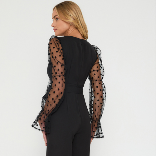 Velvet Polkadot Contrast Sleeve Jumpsuit - Black - Picture 4 of 7
