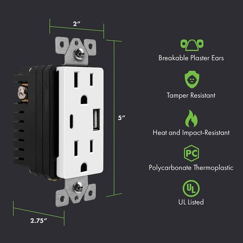 【2er-Pack】 Dual USB Typ-C/A Steckdose Ladegerät manipulationssicher 15Amp Buchse - Bild 4 von 13