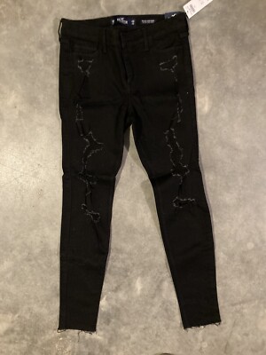 NWT Hollister Mid-Rise Super Skinny Torn Jeans Womens 9R or 29 x 30 Black
