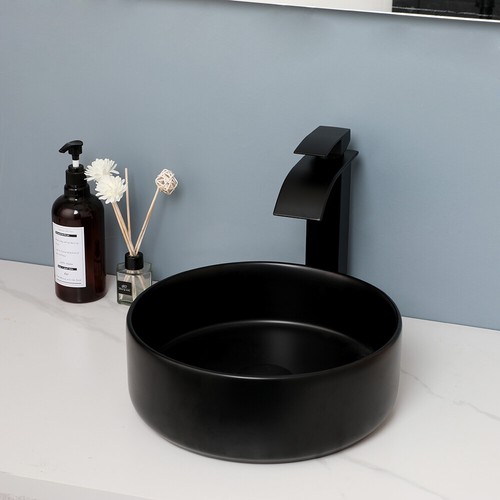 FA Bathroom Vessel Sink Black Faucet Basin Vanity Ceramic Bowl Black Combo Up - Picture 6 of 9