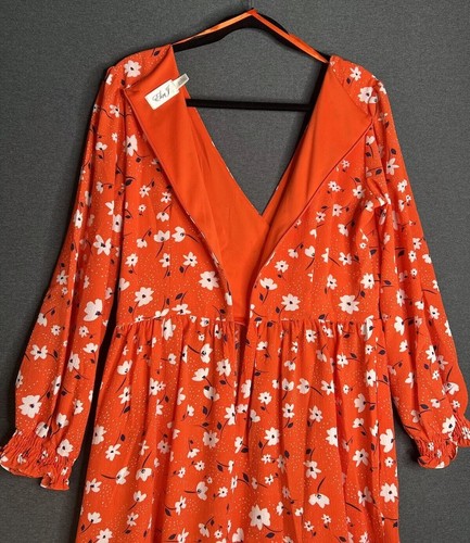 ELIZA J Floral Ruffle Long Sleeve V Neck Dress Orange Red Pockets Women Size 10 - Picture 11 of 13