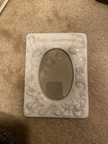 Russ Baby's Christening Picture Frame Gift Ceramic Girl Pink White Cross Roses