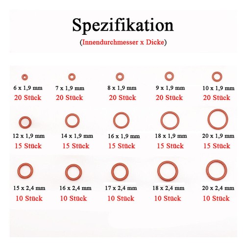 225x Silikon O Ringe Gummi Dichtringe O Ring Dichtung Dichtungsringe Ø6mm - 20mm - Bild 3 von 5