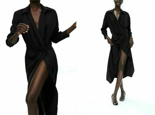 ZARA BLACK MAXI DRESS LONG SHIRT DRESS V NECK & SLIT SIZE M new - Picture 8 of 12