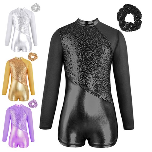 Kids Girls Dancewear Dance Sets Metallic Outfit Gymnastics Leotard Zipper Back - Picture 2 of 53