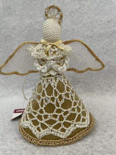 Par de adornos de ángel de ganchillo blanco dorado rojo 6 pulgadas decoración de Navidad colgante - Imagen 3 de 6