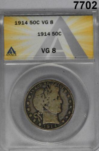1914 BARBER HALF DOLLAR ANACS CERTIFIED VG8! RARE DATE! 124,230 MINTAGE! #7702 - Picture 1 of 3