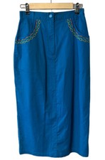 Vintage 90s teal cotton midi length Embroidered Detail skirt size 6 kidcore