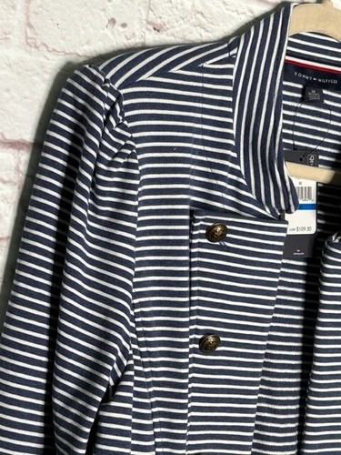 XL New Tommy Hilfiger Blue White Cotton Knit Military Stripe Blazer Jacket 109$