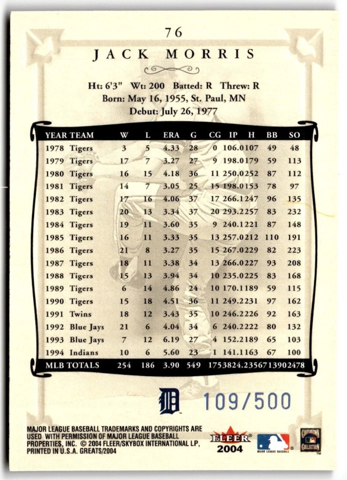 2004 Fleer Greats of the Game Blue Jack Morris /500 #76 Detroit Tigers - Image 2 of 2