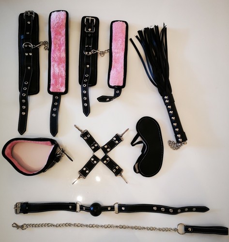 BDSM Bondage 8 Parts Handcuffs Mask Gag Ball 4 point Hog Tie Whip Leash Neck 2EO - Picture 4 of 5