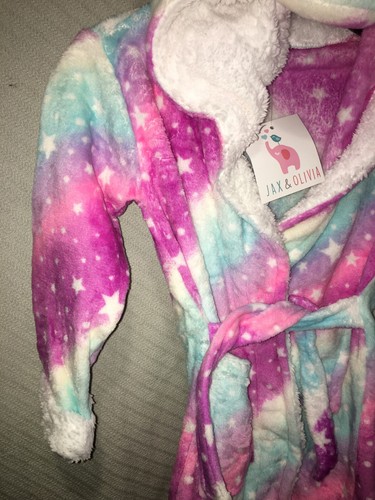 JAX & OLIVIA Fuzzy Soft Rainbow Galaxy Unicorn Hooded Multi-Color Robe Size 7 - Picture 5 of 11