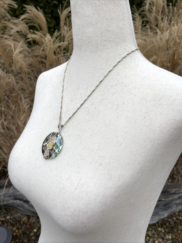 Collar Lee Sands Abulón Madreperla Floral Plata Colgante 19" Collar Foto 3 de 4