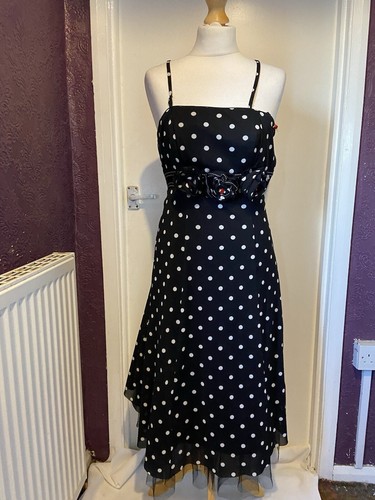 Debut Debenhams Black White Polka Dot Tulle Applique Floral 80s Prom Dress UK 8