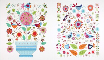White ''Summer Sampler'' PANEL by Nancy Nicholson for Clothworks - Birds, Flowers