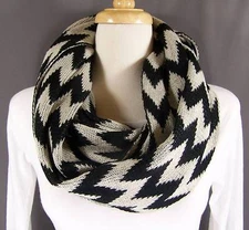 Black White chevron soft knit circle infinity endless loop long circular scarf