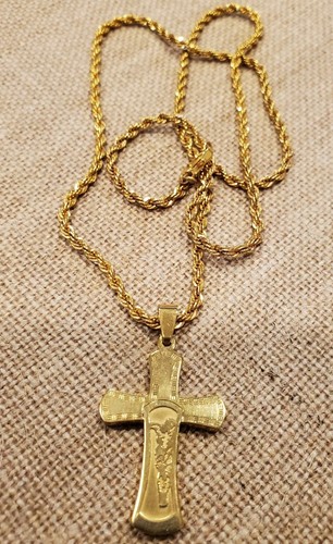 STAINLESS STEEL RELIGIOUS 2" GOLDTONE CROSS W/JESUS ON 24" ROPE CHAIN - Foto 2 di 5