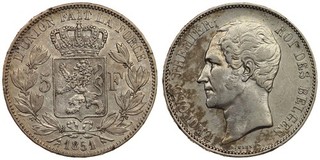 Belgium 5 Francs 1851 Dot above date Overdate 1851/50 Leopold I Silver