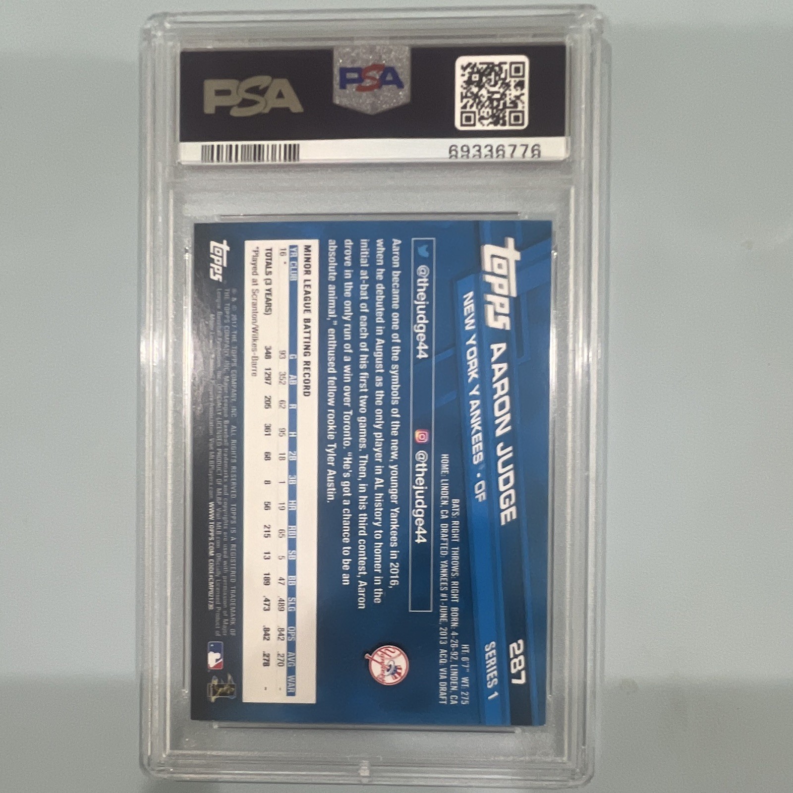 Topps 2017 Aaron Judge Fielding RC #287 New York Yankees PSA 9 view 2
