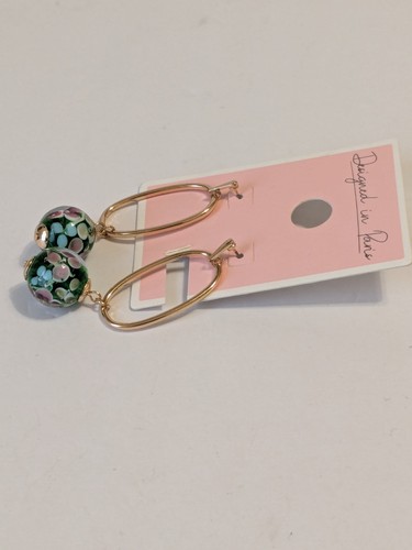 Designed In Paris Gold Tone Multicolor Lamp Glass Bead Dangle Earrings. FLAW - Picture 7 of 13