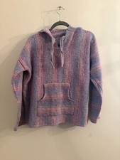 Authentic Mexican Baja Hoodie Drug Rug Pullover Pink and Blue Striped