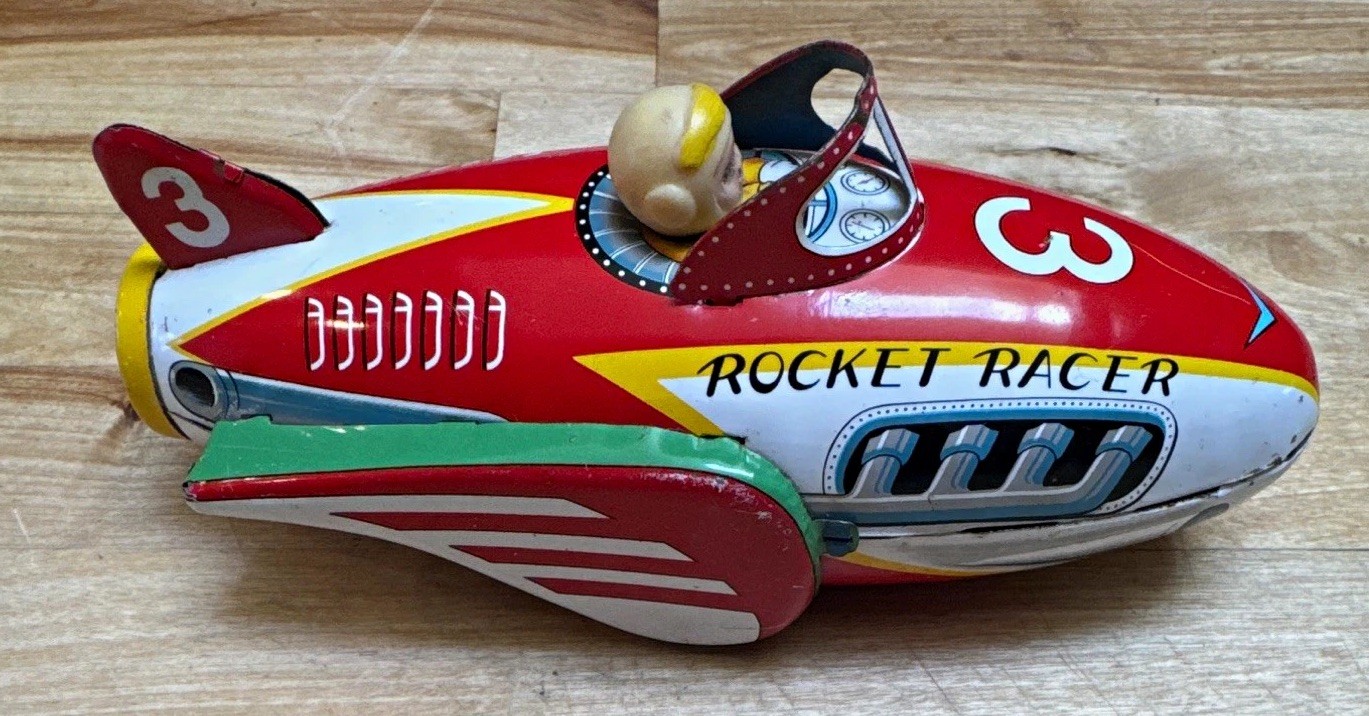 Vintage 1950 Tin Rocket Racer #3 Race Car Toy Vehicle w/ Driver Figure ...