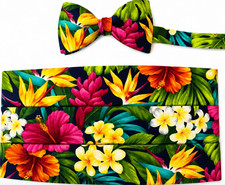 Hawaiian Pink and Orange Floral Fiesta Cummerbund and Bow Tie Set