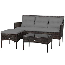 Patiojoy Patio 3PCS Rattan Furniture Set 3-Seat Sofa Cushioned Table Garden Gray