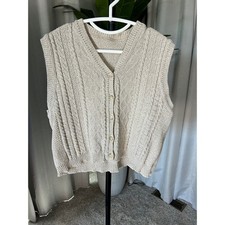 Vintage Oatmeal Beige Cable Knit Button Front Sweater Vest V-Neck Sleeveless XL