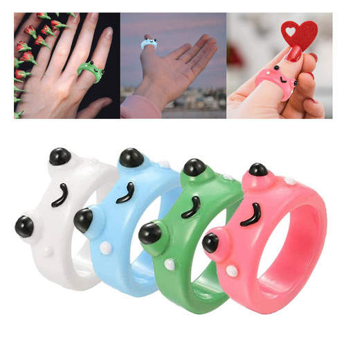 4Pcs Frog Rings Set Clay Cute Plastic Y2K Chunky Rings Matching Rings Female - Picture 1 of 7