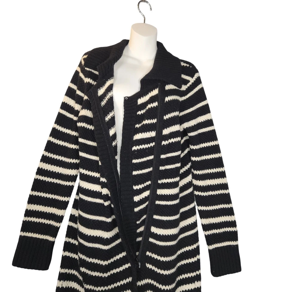 Cárdigan largo de lana Moda International para mujer M suéter plumero a rayas cremallera tejido Foto 4 de 4