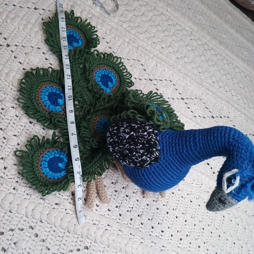 Crochet Peacock Standing Stuffed Animal Homemade Whimsical Fun Artsy Eclectic - Picture 7 of 10