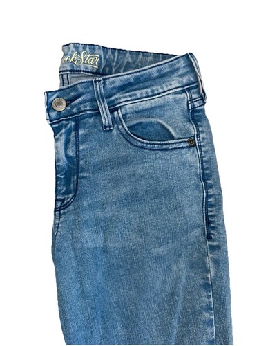 Pantalones de mezclilla ajustados elásticos Rockstar azul marino antiguo talla 2 cortos desgastados piernas usados en excelente estado - Imagen 3 de 15