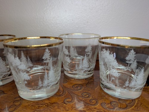 Vintage Libbey Gold Rimmed Etched Elk Whiskey Glass Set Of 4 Cocktail Barware - Picture 12 of 22