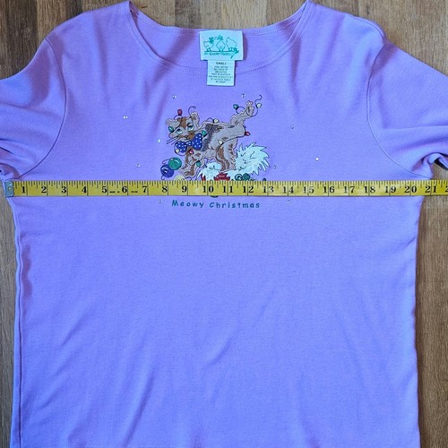 Quacker Factory Top Womens S Purple Long Sleeve Meowy Christmas Cats Embellished - Picture 7 of 10