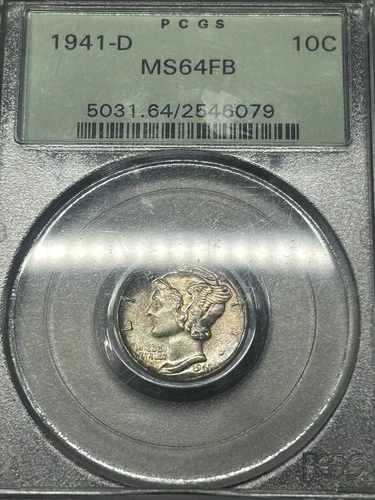1941 D Mercury Silver Dime PCGS MS64 FB OGH Old Green Holder Full Bands Toned