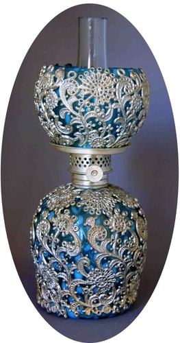 RARE Antique Filigreed Blue Opalescent SNOWFLAKE Miniature Oil Lamp, S1-473/474
