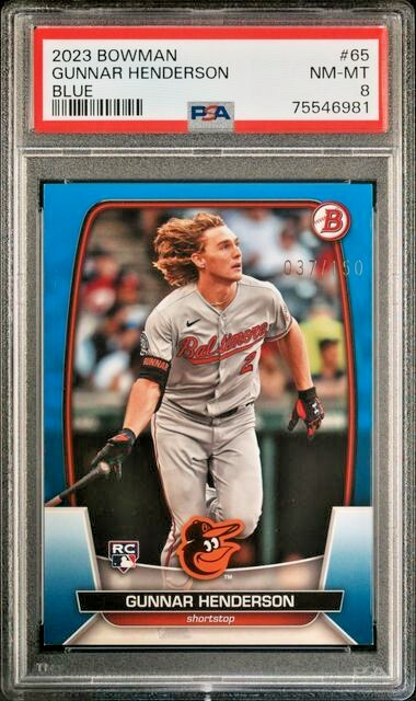 2023 Bowman Rookie /150 Blue Border #65 Gunnar Henderson RC SP BAL -PAPER- PSA 8 view 1