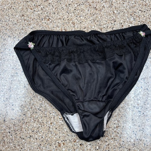 Vintage Black Satin Size S/M Nylon Bikini Panties Low Rise Lace Rose Flower Cute - Picture 21 of 24