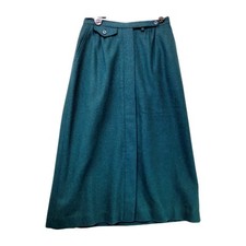 VTG Forrest Green Wool Retro Knee Length Skirt Womens S Slash Pockets Career